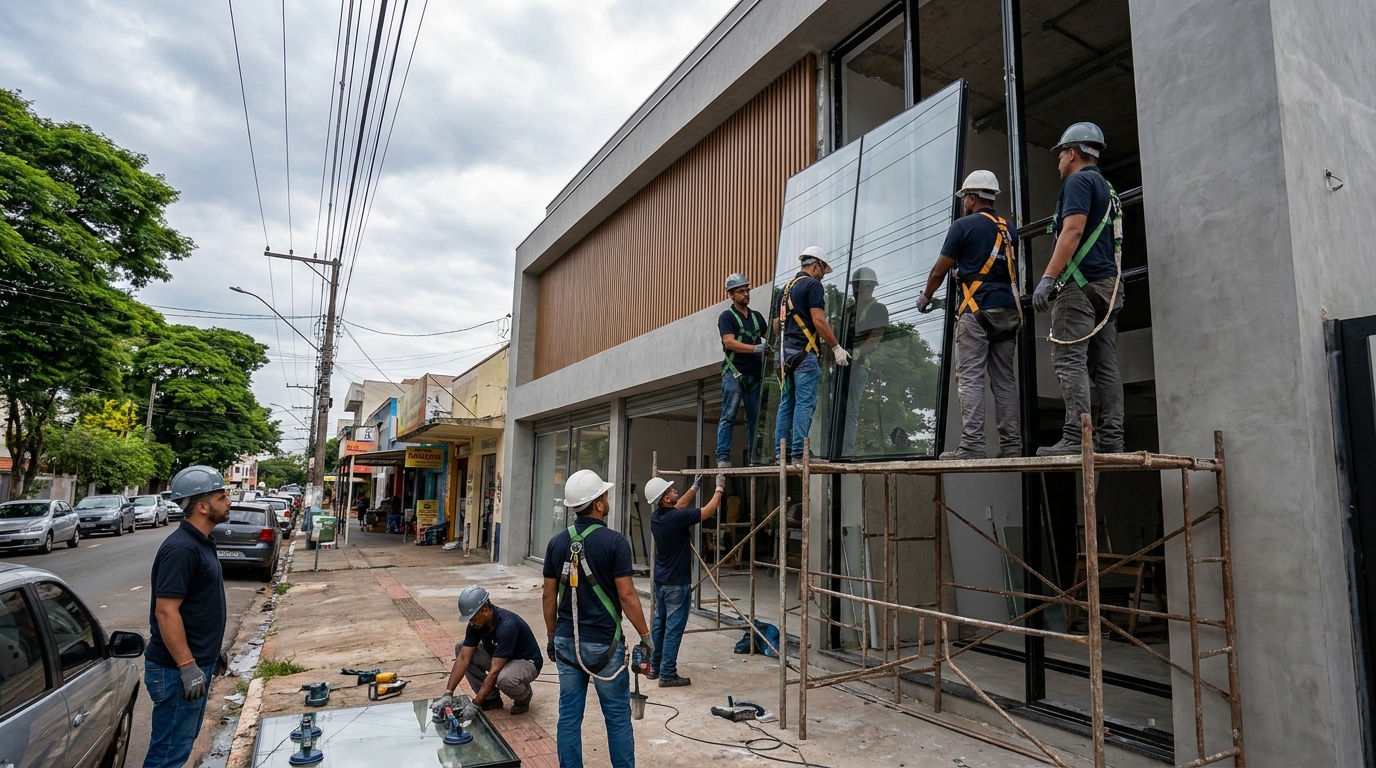 Fachada de vidro com andaime lateral em Bragança Paulista-SP