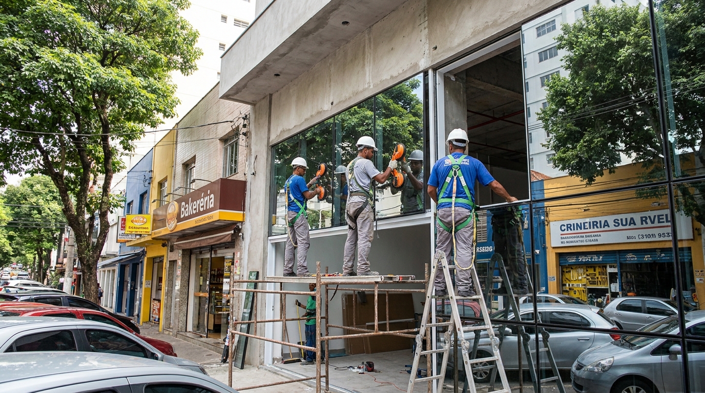 Fachada de vidro com confeitaria vizinha em Bragança Paulista-SP