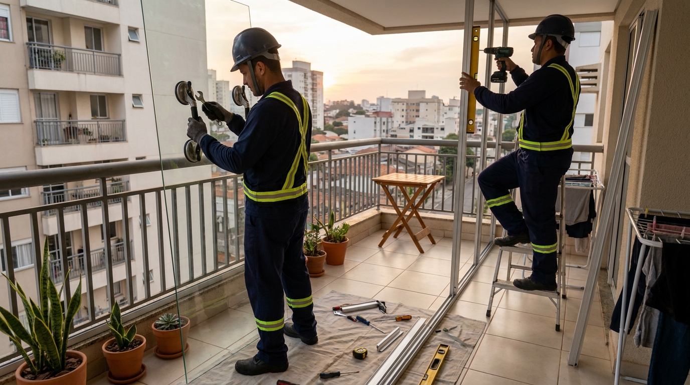 Instalação de parede de vidro em sacada em Bragança Paulista-SP