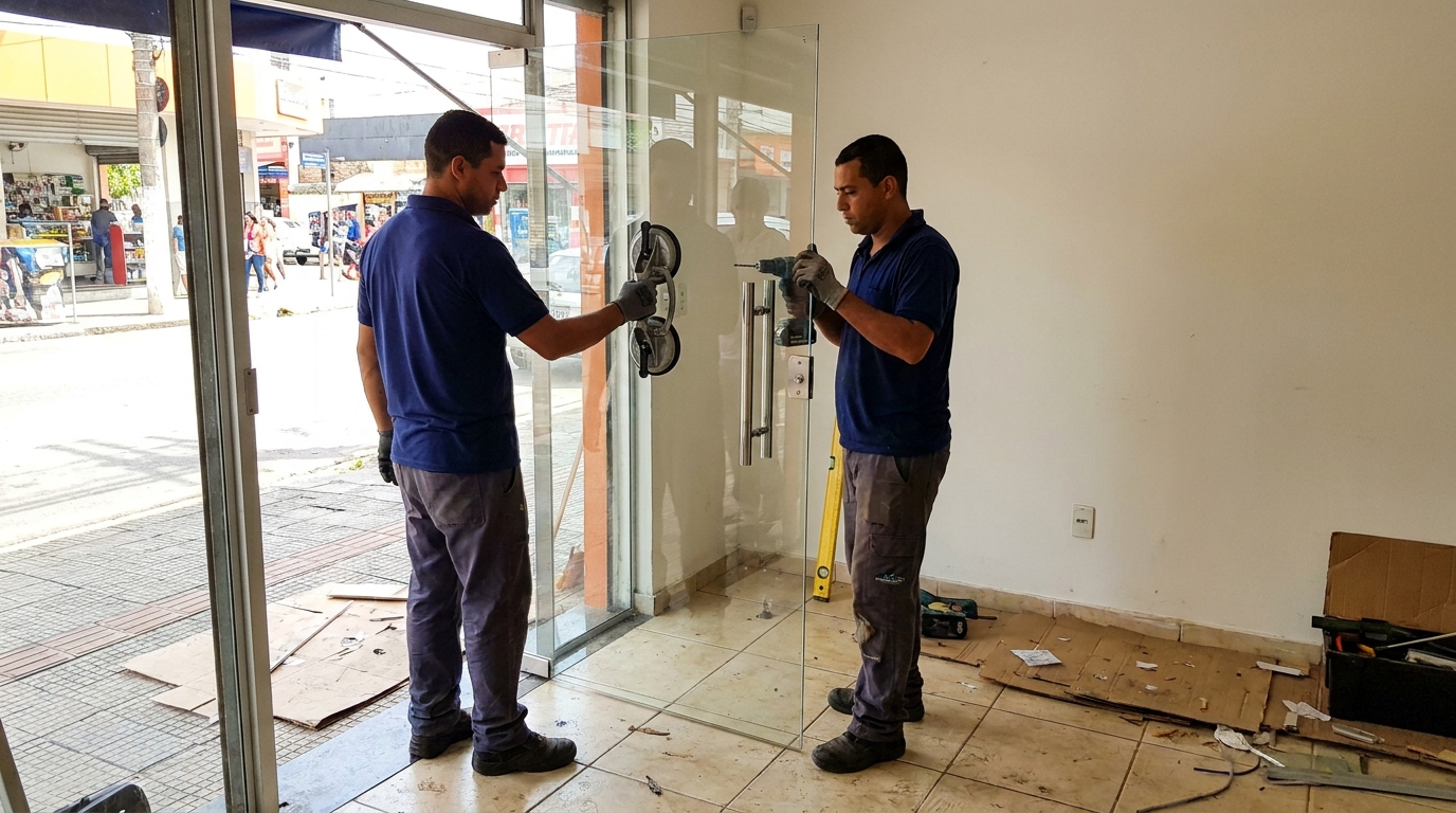 Porta de vidro de loja em rua movimentada em Bragança Paulista-SP