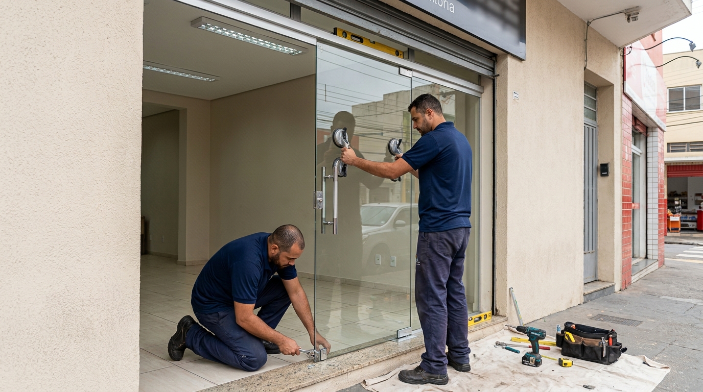 Porta de vidro com puxador inox em Bragança Paulista-SP